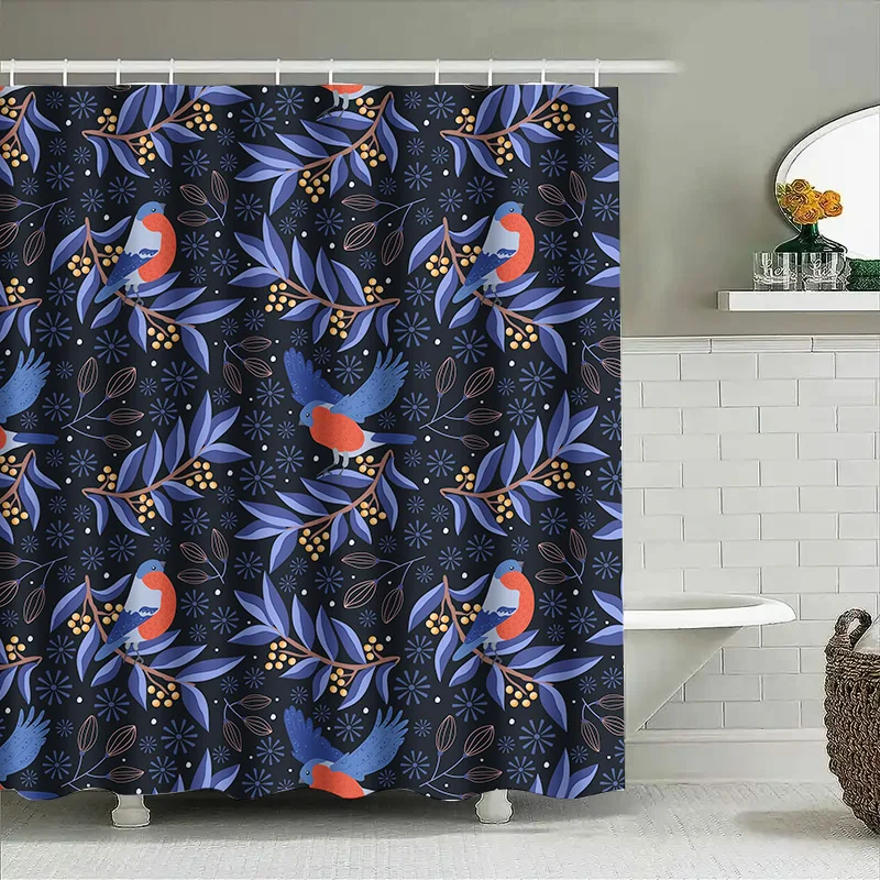 Blue Bird Botanical Shower Curtain Home Decor Waterproof Fabric Bath Room Decoration Wall Hanging Artistic Design (Navy Blue)