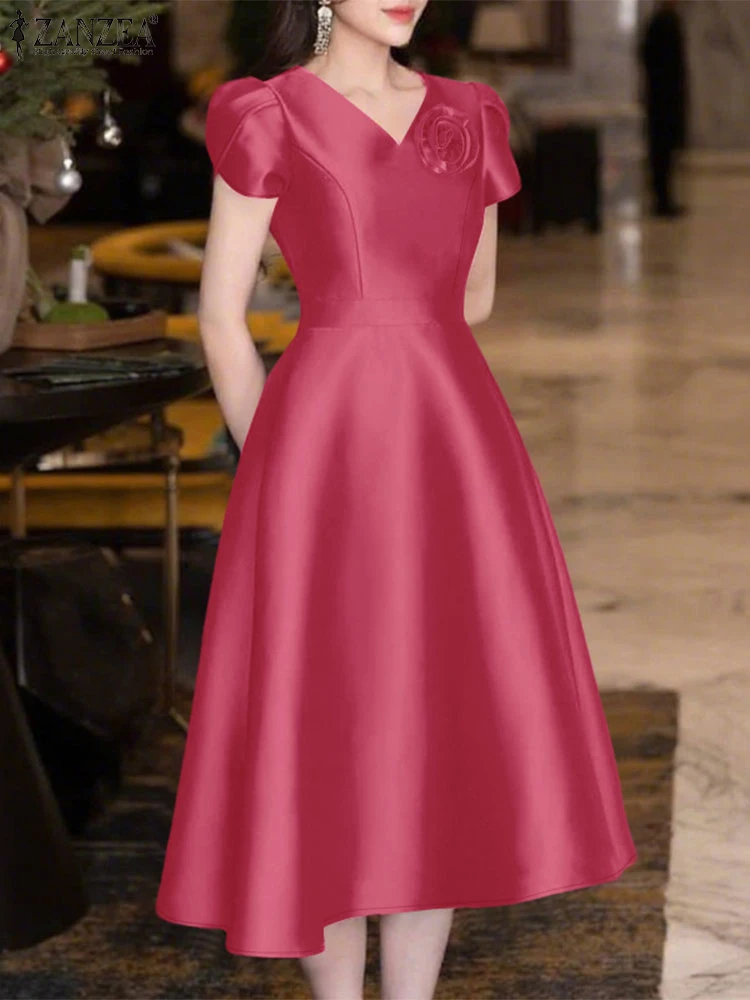 ZANZEA 2025 Elegante Vestito Da Partito Delle Donne Alla Moda Abiti A Fiori Con Scollo A V Manica Petalo Da Lavoro Vestito Estivo Solido Raso Una Linea Midi Abiti