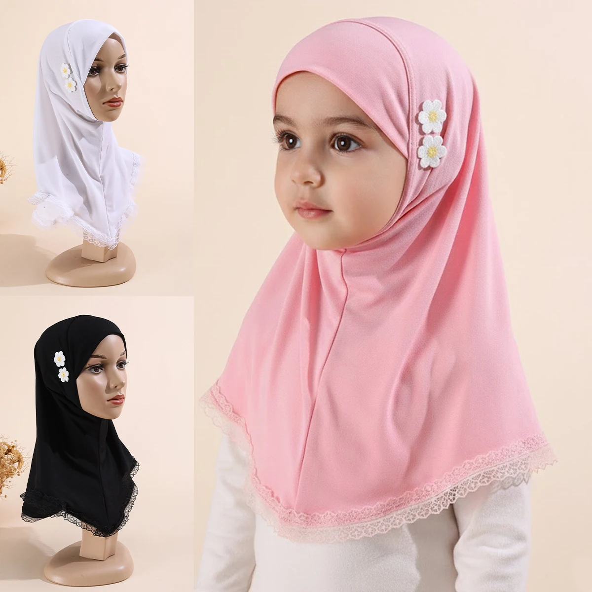 1Pcs Mädchen Blume Spitze Hijab Hüte Muslimischen Arabischen Schal Islamischen Pull Auf Headwrap Schöne 2-6 Jahre altes Mädchen Schal Ramadan