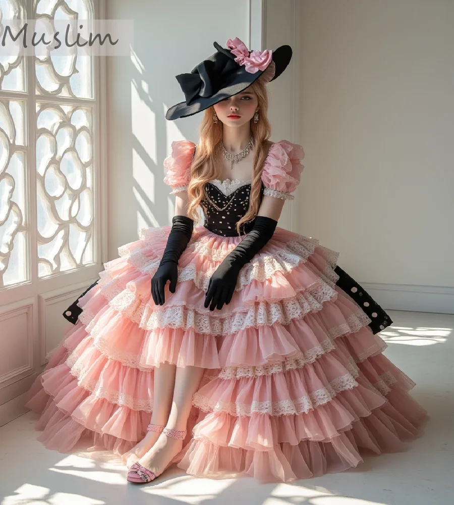 

Gorgeous Pink Victorian Prom Dress 2025 Elegant Lace Tiered Ruffles Evening Dress Beaded Cosplay Formal Birthday PartyCustomized