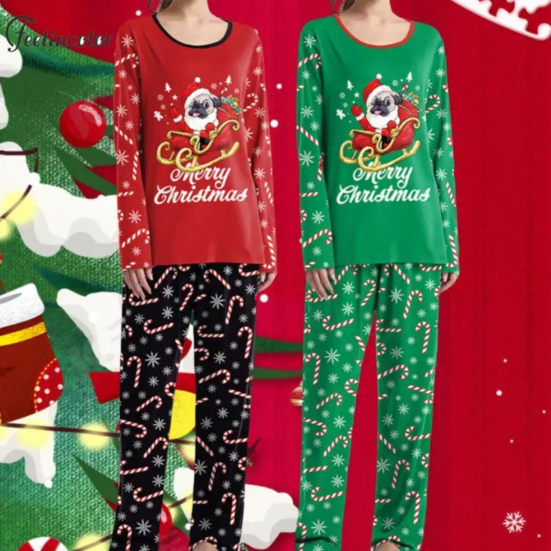 Puppy Sledding Christmas Graphic Pajamas Sets Casual Cozy Autumn Pajamas Holiday Women Sleepwear Couple New Year Clothes