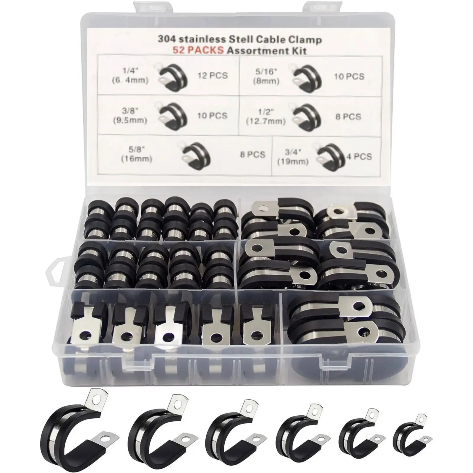52pcs-rubber-cable-clamp-assortment-kit-6-sizes-1-4-3-4-inch-304-stainless-steel-cushioned-p-clips-for-wire-hose-pipe-organizer
