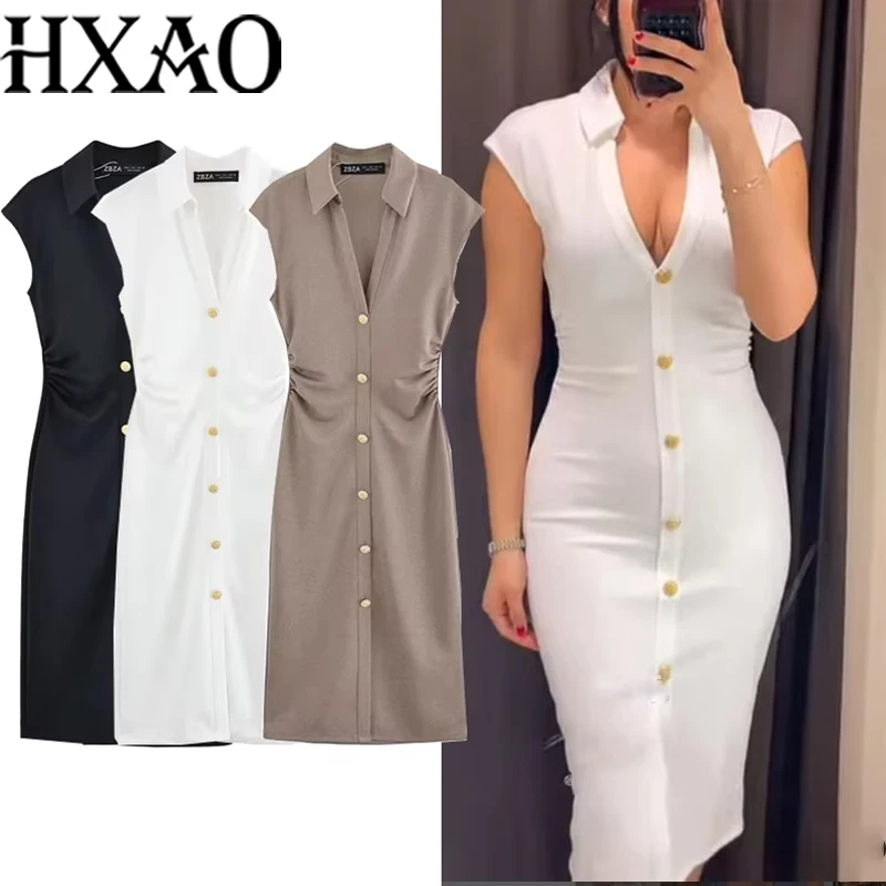 HXAO camisa fruncida vestidos por debajo de la rodilla 2025 mujer verano sin mangas vestido blanco negro mujeres ceñido al cuerpo elegante vestido Casual de mujer 088