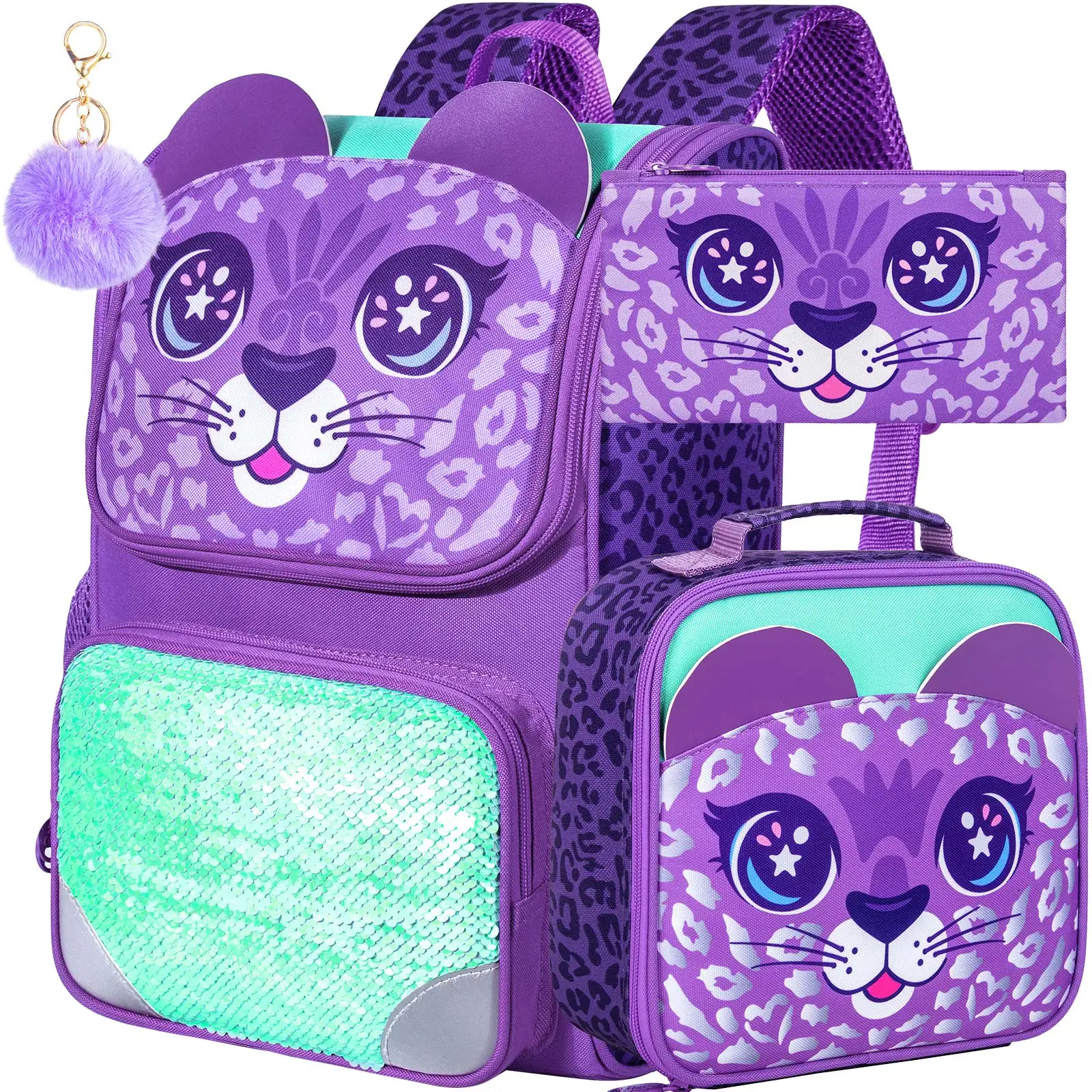 

3PCS Kids Backpack for Girls, 15" Sequin Bookbag with Lunch Box, Leopard School Bag Set for Elementary Preschool Toddler
