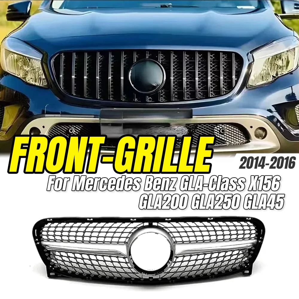 For Mercedes Benz GLA-Class X156 GLA200 GLA250 GLA45 2014-2016 Upper Grille,Chrome Black Diamonds Style Front Bumper Grille