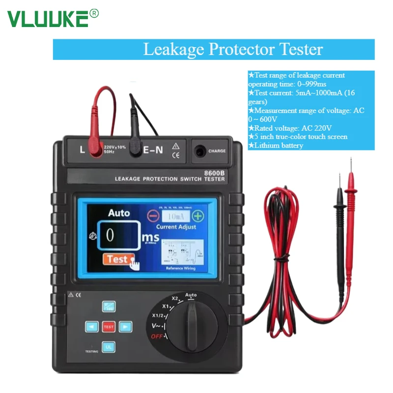 VLUUKE VKCR8600B Professional RCD GFCI Tester Touch Screen with 16 Current Gears for Trip Time & Current Testing