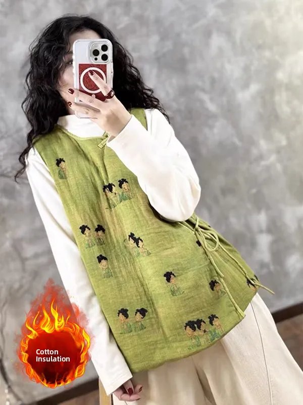 

Теплый хлопковый жилет с принтом для женщин, большие размеры, с боковыми пуговицами, в стиле ретро, универсальный, с подплечниками, удобный, из смесового хлопка, для повседневной носки