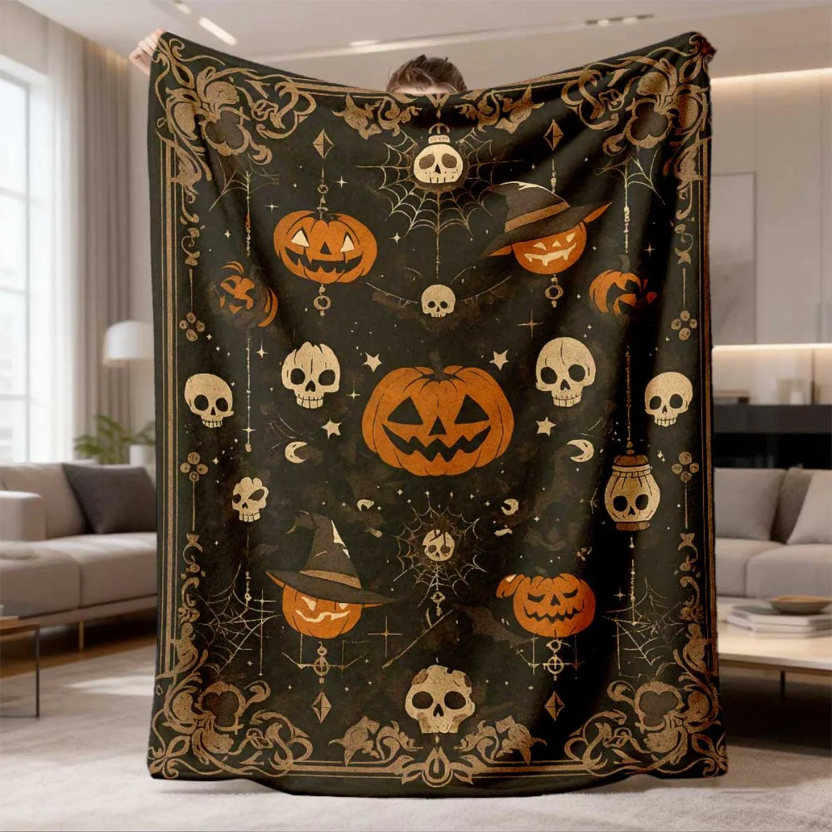 2026 New Vintage Halloween Cartoon Flannel Blanket, Pumpkin Skull Spider Web Pattern, Soft Warm Multi-purpose Throw for Sofa Bed