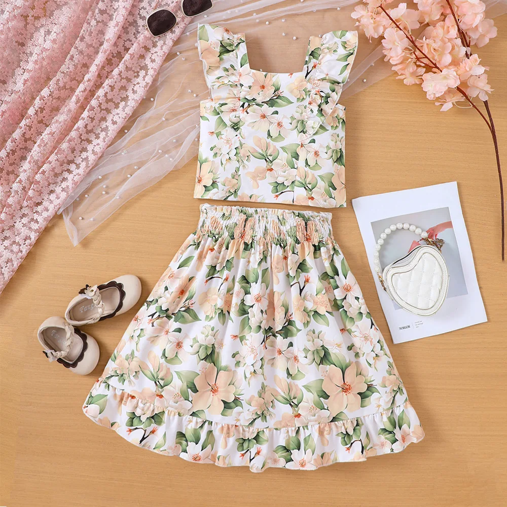 2024 Summer Child Clothes Sets Sleeveless Ruffles Print Floral Green 2 Piece Sets Designer Girls Clothes Sets 18M-6T