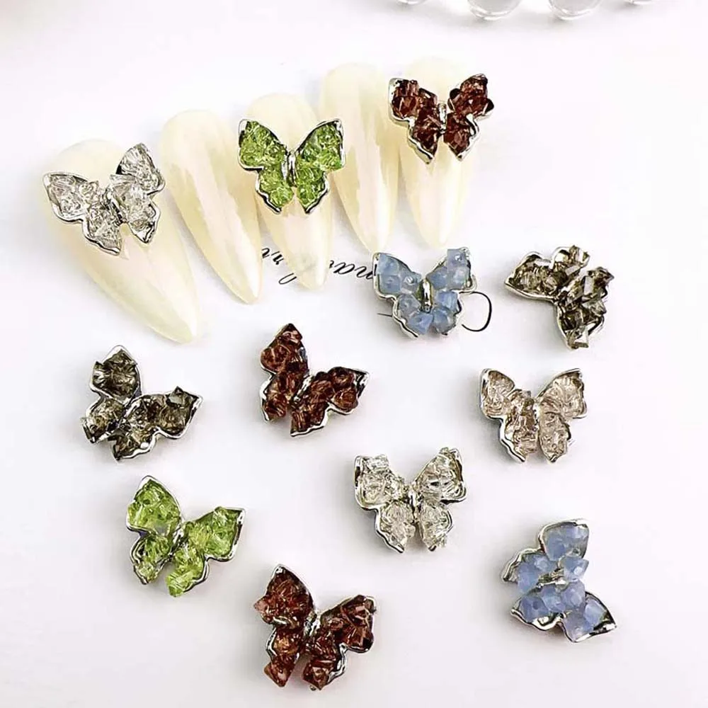 10Pcs Alloy Butterfly Nail Art Charm 3D Crystal Broken Diamond Silver Butterfly Nail Ornament DIY Exquisite Nail Accessories