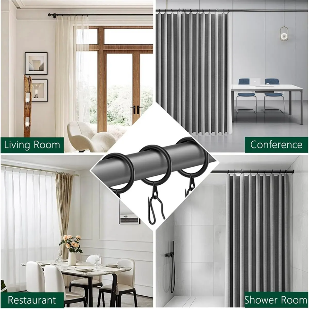 New 60Pcs Metal Curtain Rings and 60 Pcs Curtain Drapery Pin Hooks,30mm Internal Diameter for Window, Shower Curtain