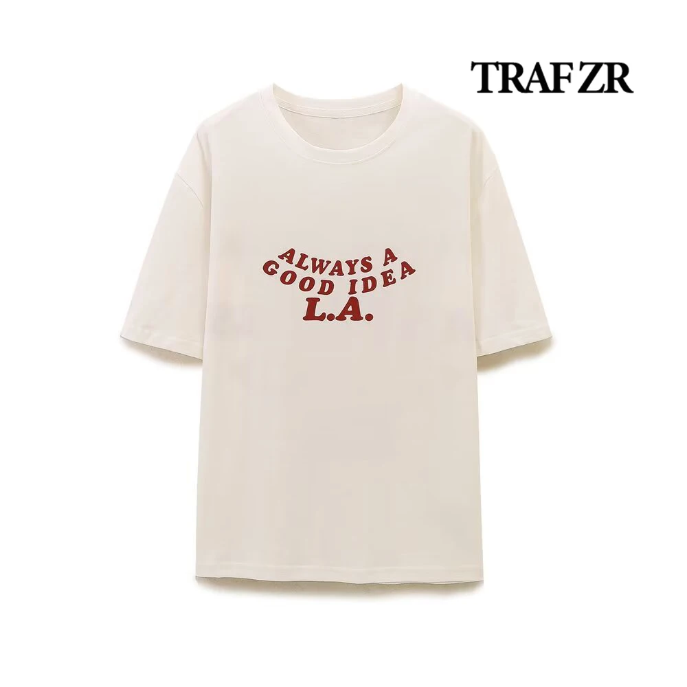 

TRAF ZR Harajuku T-shirt COTTON O-NECK short sleeve Loose Tops Y2k Letter Printed Tees for Women Woman 2024 one piece COTTON