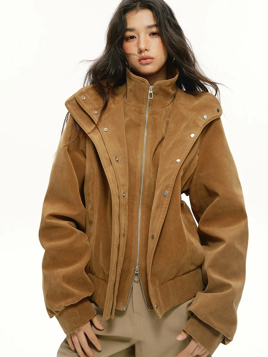 

Attia GLOWY Thiened Double Layer Deconstructed Stand Collar Suede Jaet Women Casual Cotton Outerwear Coat Zipper Closure ...