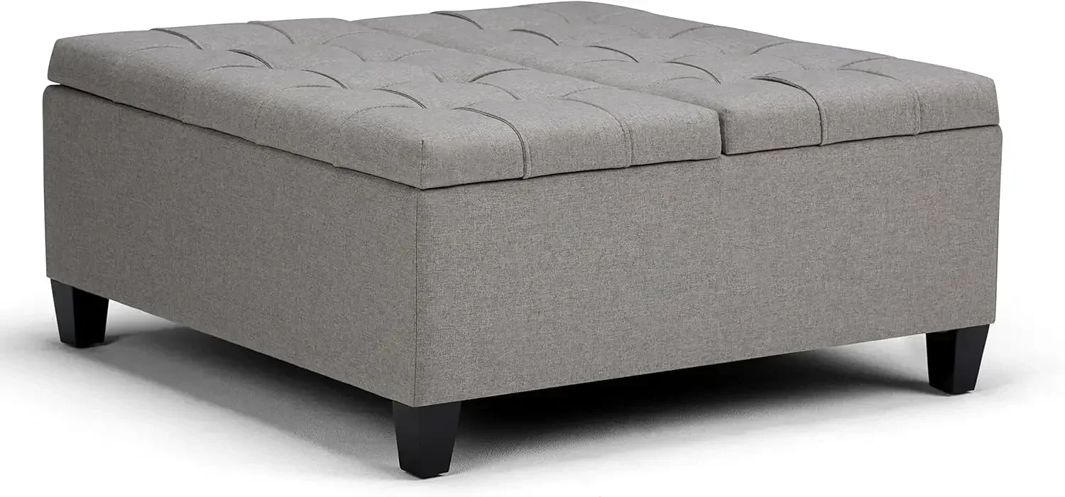 XMSJ-Sale هاريسون 36 بوصة طاولة القهوة المربعة واسعة رفع التخزين العثماني في حمامة منجد رمادي معنقدة الكتان نظرة النسيج #4