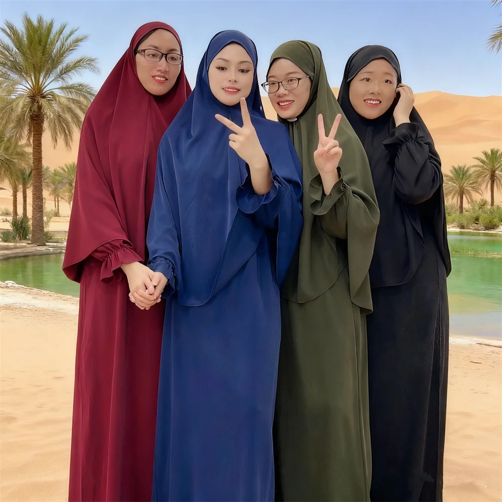 

2PCS Eid Ramadan Abaya Women Muslim Prayer Garment Djellaba Overhead Hijab Dress Set Khimar Robe Garment Burqa Islam Clothing