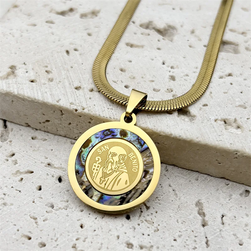 Catholic Saint Benedict Medal Pendant Necklace for Women Men Abalone Stainless Steel Gold Color San Benito Chain Jewelry