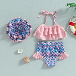 Yiiciovy Sweet Baby Kids Girls Bikini Set Swimsuit Sleeveless Hanging Neck Vest Beach Pool Shorts Swimwear with Hat Bathing Suit