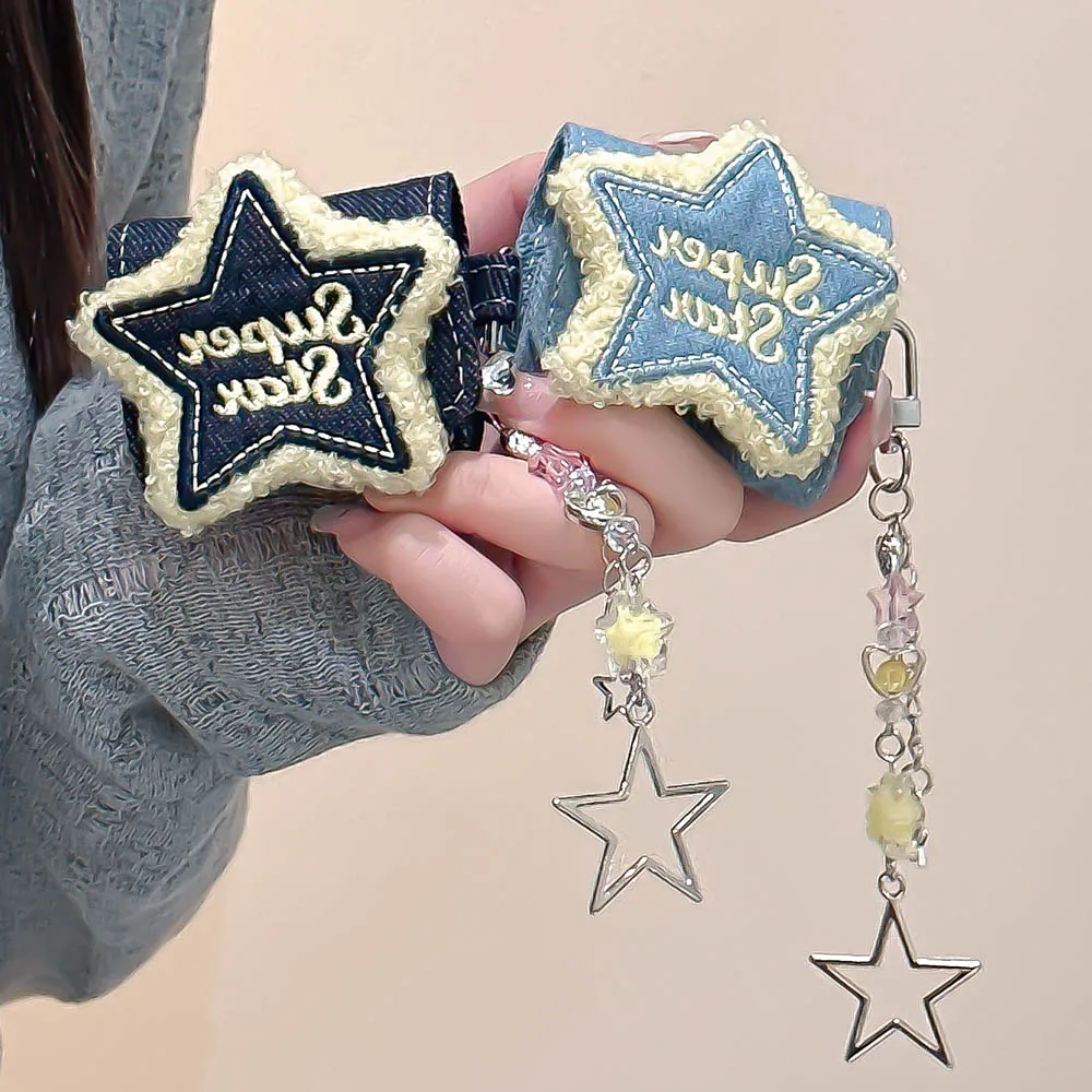 Étui de protection en silicone pour écouteurs Apple AirPods Pro 2, 1, 3, étui étoile brodé 3D, tissu denim mignon, porte-clés pendentif