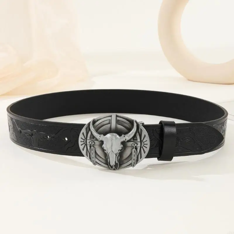 Teenagers PU Waist Belt with Relief Head Buckle Embossed Pattern Belt Coat Jeans Male Waistband