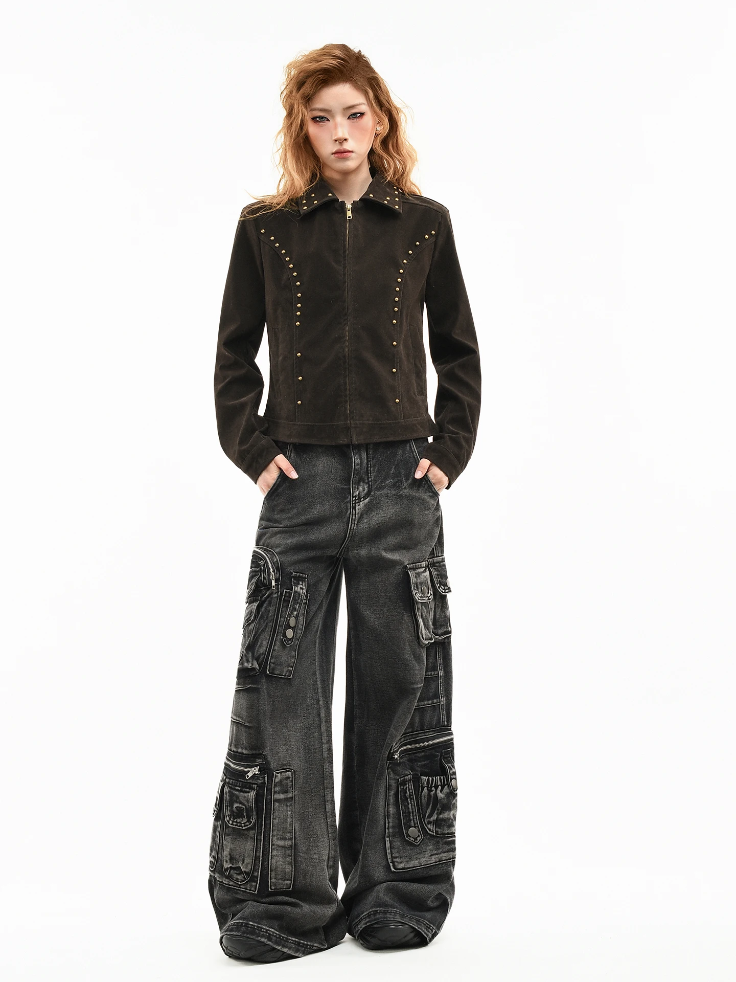 OV Original American Retro Rivet Design Leather Velvet Collar Jaet Women's Spring Harington Slim Fit ort Coat Trendy