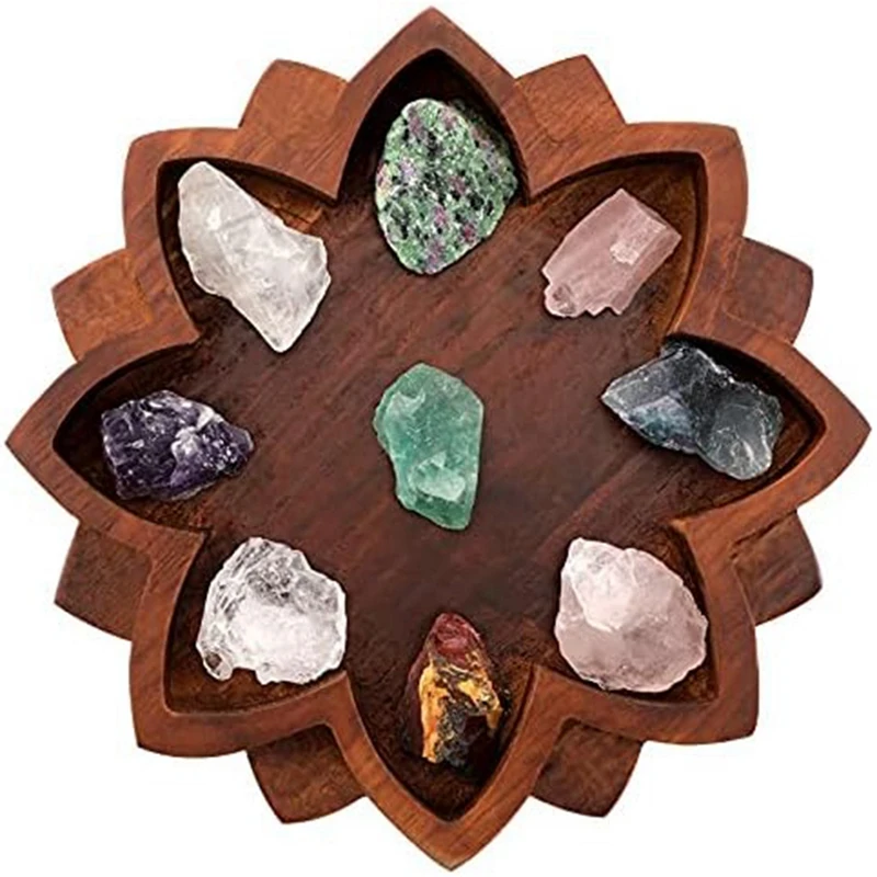 Lotus Crystal Tray Wooden Lotus Shape Tray Retro Jewelry Essential Oil Crystal Storage Box