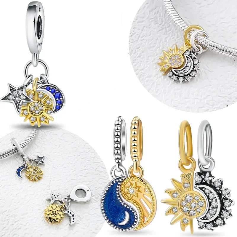 925 Sterling Silver Sun Moon Charms Beads Fit Original Bracelets Bag Keychain Charms Beads Pendant Diy Women Jewelry Gift