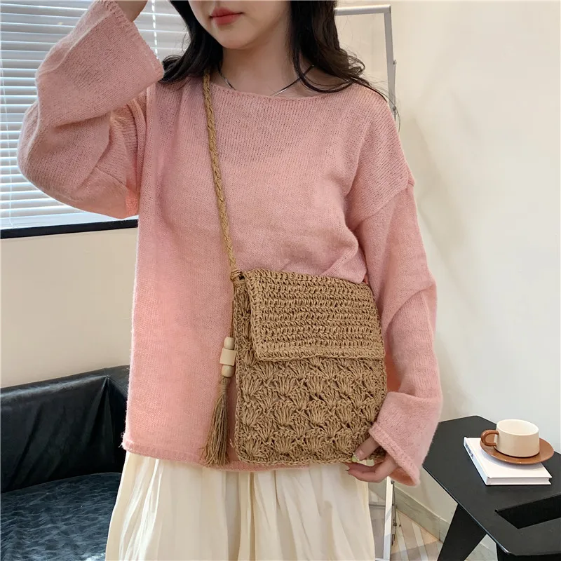 Simple Straw Crossbody Bags For Women Summer Woven Shoulder Bags Shopping Purse Beach Handbag Straw Handbags Travel Bag