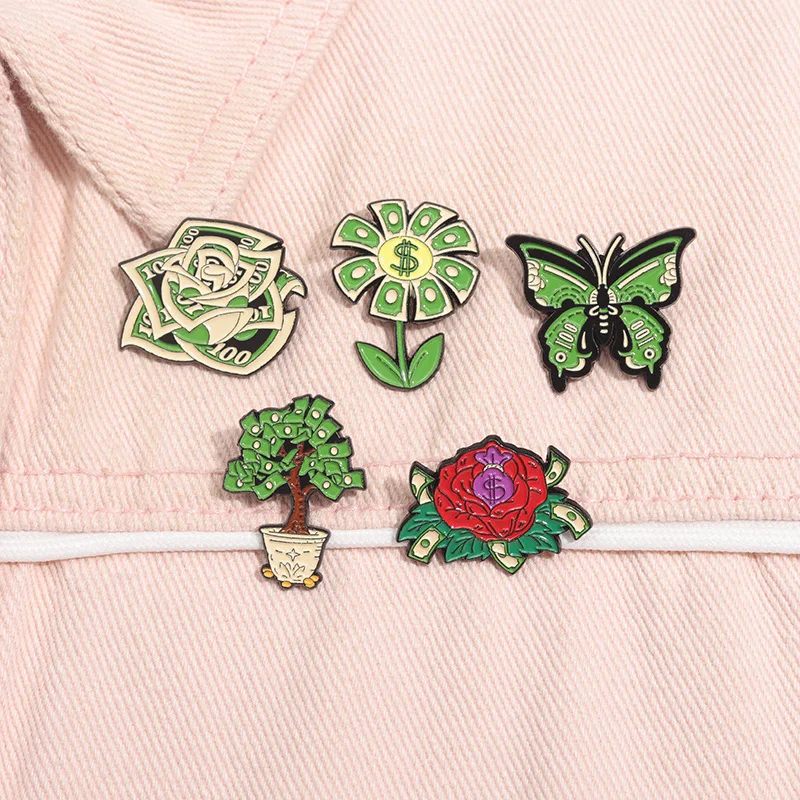 Cartoon Dollar Emaille Pins Geldbörse Get Rich Banknoten Rose Topf Schmetterling Geld Tasche Schwein Burger Geld Abzeichen Broschen Schmuck Geschenk