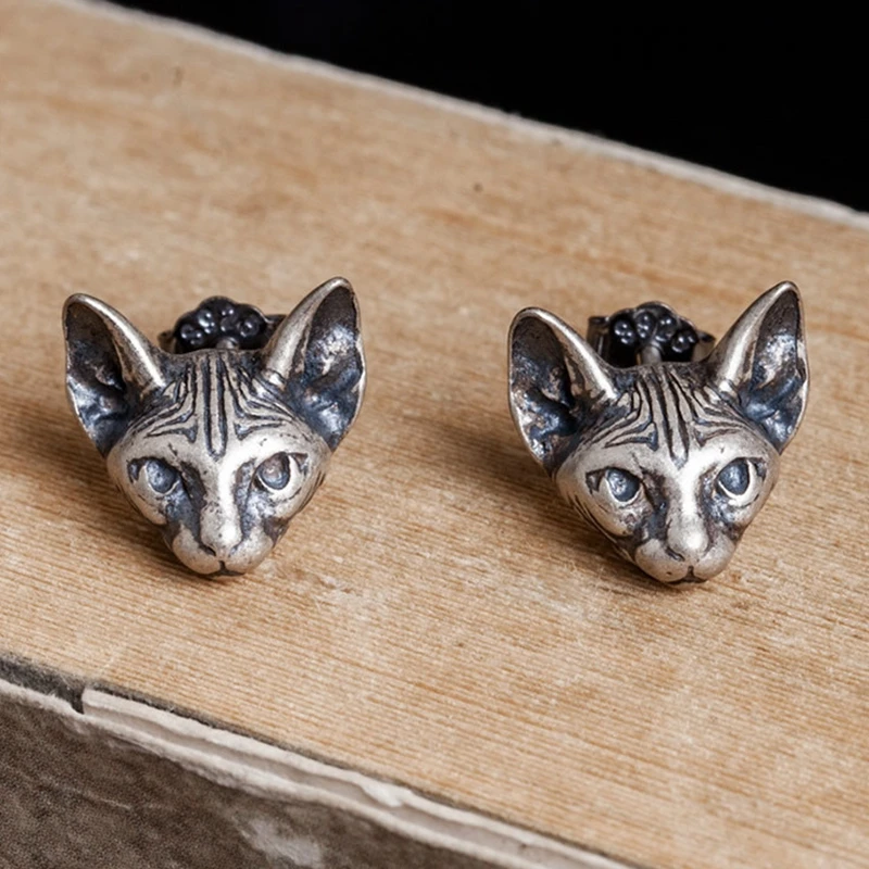 

925 Sphynx Cat Meditate Yoga Stud Earrings For Men Women Sterling Silver Ear Studs Bijoux Anti-allergy Jewelry