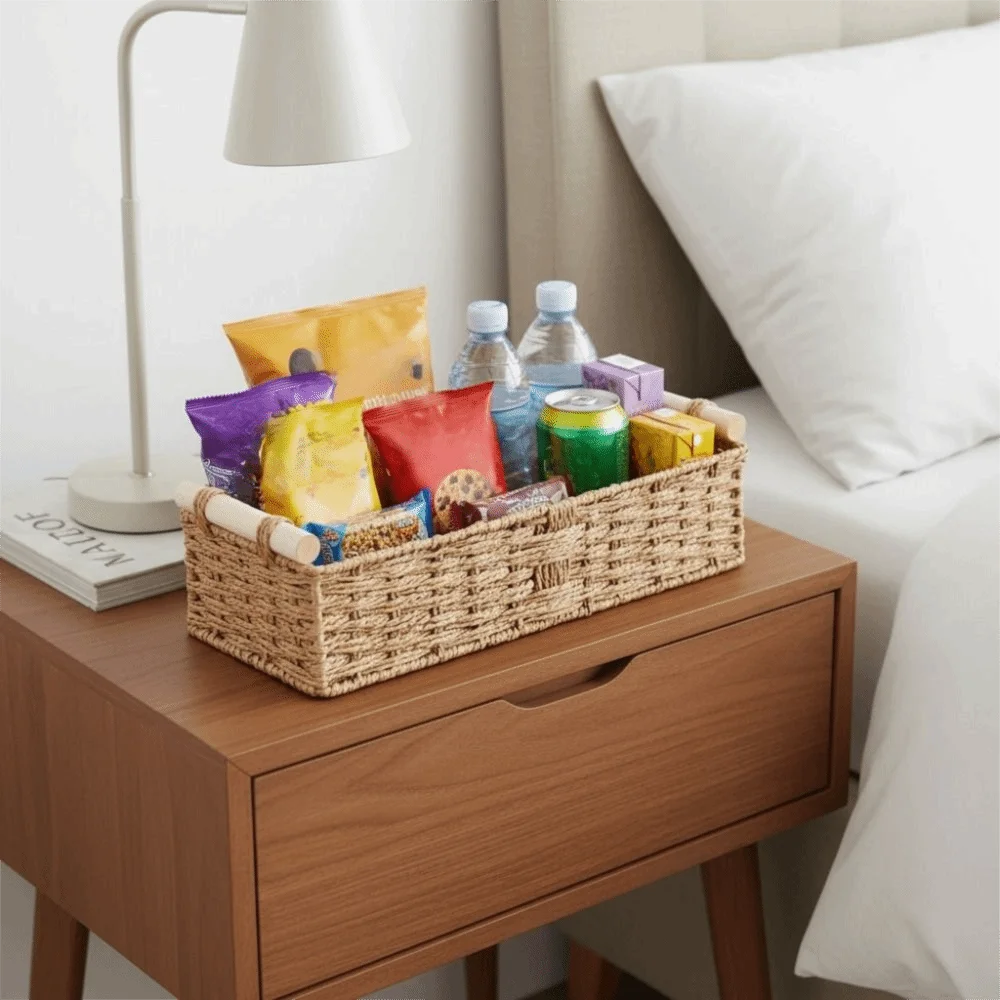 Retro Braided Toilet Paper Basket Wood Handle Handwoven Sundry Storage Basket Rectangular Ventilated Cabinet Organizer Kitchen