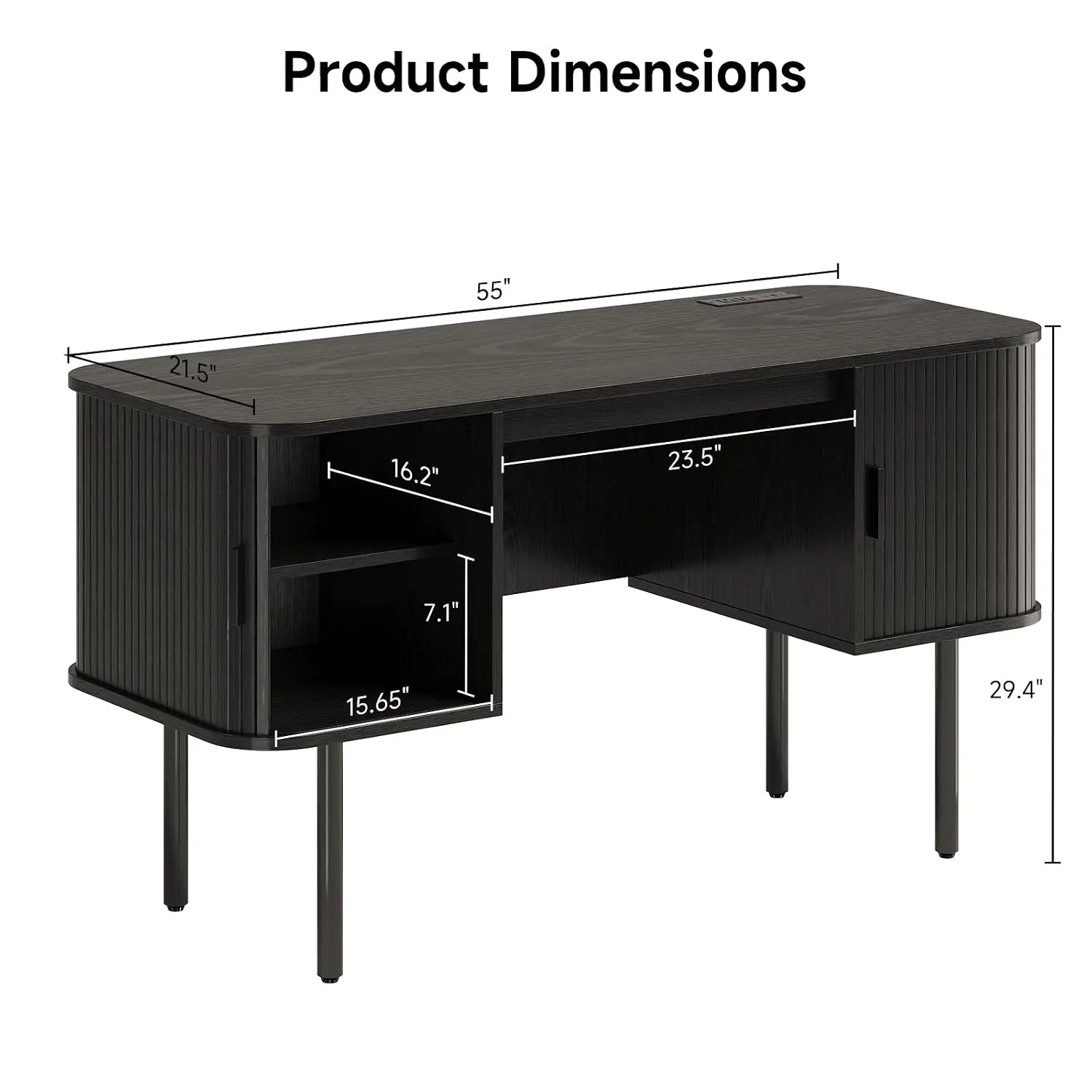 55 Inch Fluted Computer Desk With Power Outlets, Black, Customized