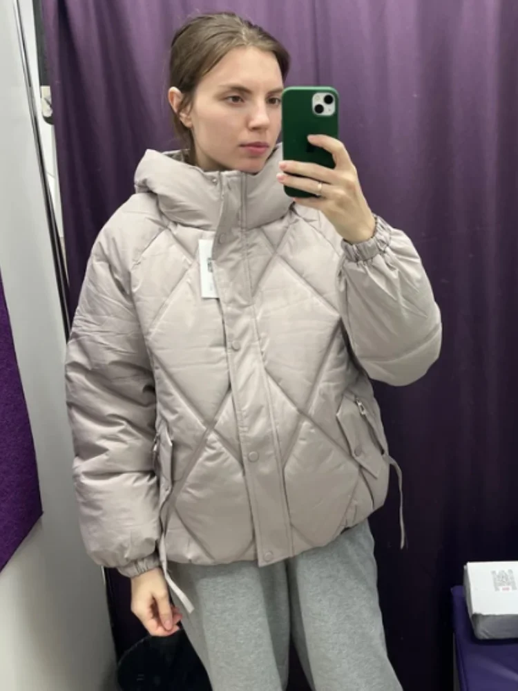 

Casual Purple Hooded Cotton Coat Women Fashion Stand Collar Single-breasted Zipper Pocket Warm Jacket Lady Winter Street Outwear