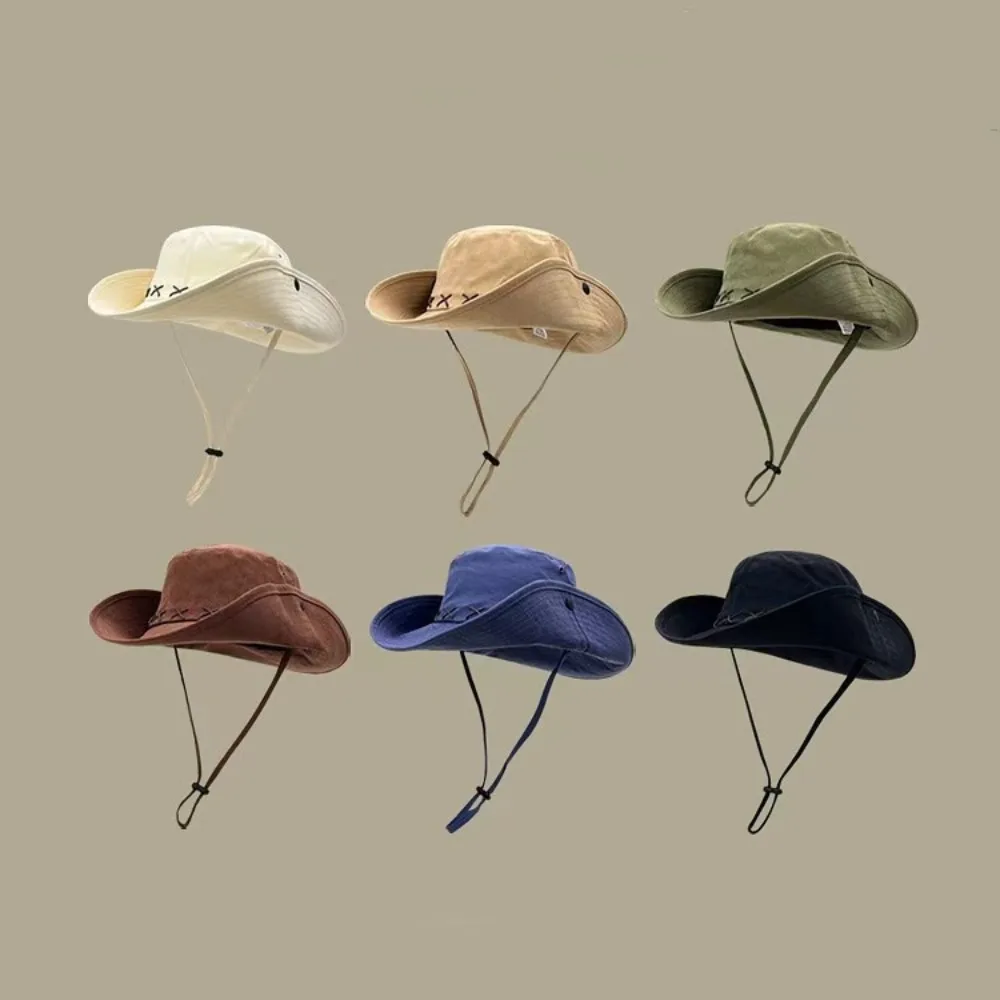 

Vintage Breathable Western Cowboy Hat Adjustable Retro Wide Brim Sun Hat Mountaineering Anti UV Fisherman Sunshade Cap Travel