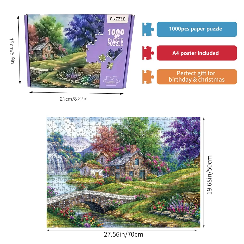 High Quality 70cm*50cm 1000pcs Jigsaw Puzzle Countryside Adult Stress Relief Beautiful Landscape Painting Puzzle