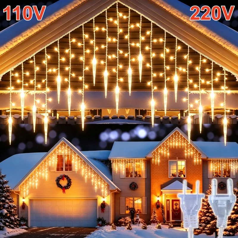 Christmas Icicle Cone Lights 3.1M (2.2M String+0.9M Lead Wire) 220V EU 110V US Plug Warm White Color Xmas Eaves Wall Decor Light
