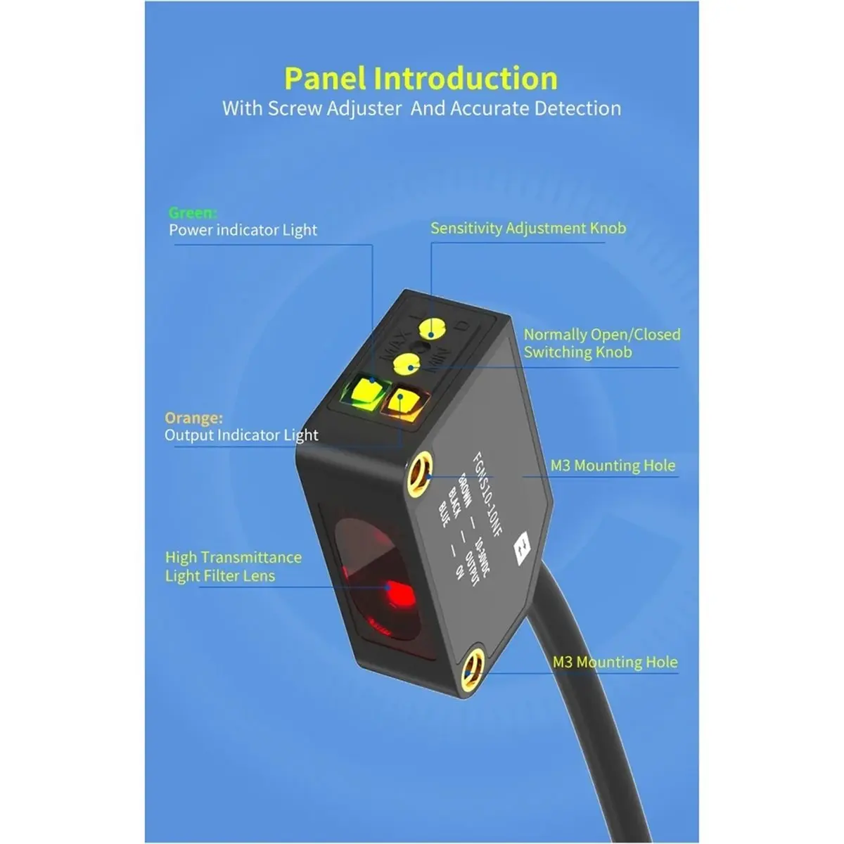 A72U FGNS10-10NF Optical Inductive Photoelectric Sensor 24V Diffuse Reflective Red Visible Concentrator for Sensing