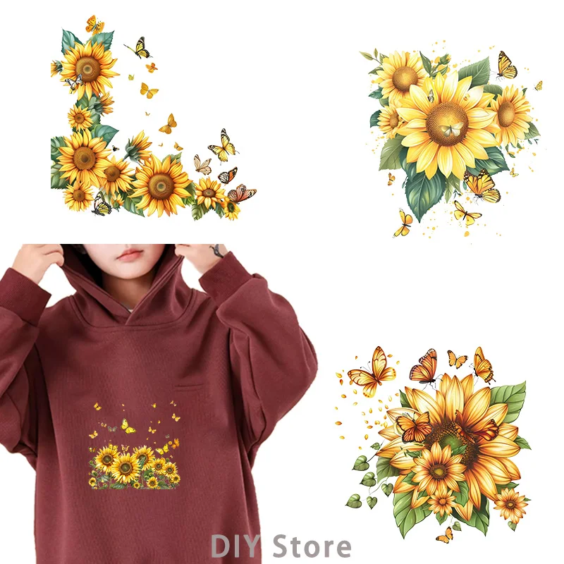 sunflower and butterfly Heat Transfer On Clothes transfers ready to press patches for clothing Iron On Patches Heat Transfer.