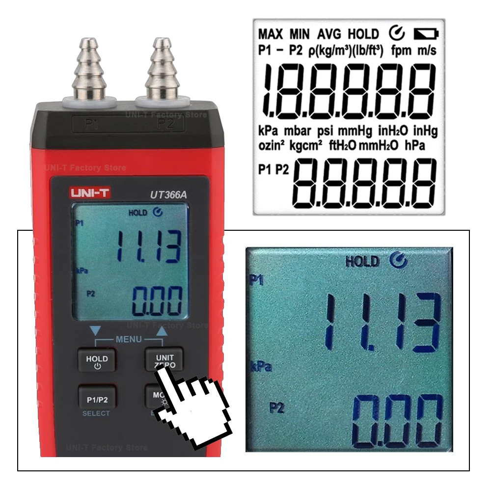 UNI-T UT366A مقياس الضغط الرقمي قياس فرق الضغط السطحي سرعة الرياح ضغط الهواء مقياس الضغط التفاضلي متر
