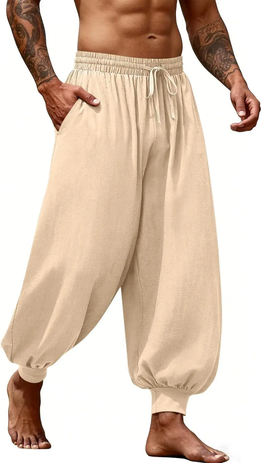 Mittelalterliche Knöchelhose für Herren, Renaissance Wikinger Piraten Schnürhose, Halloween Leinen Kostümhose, Cargo-Hose – Detail 7