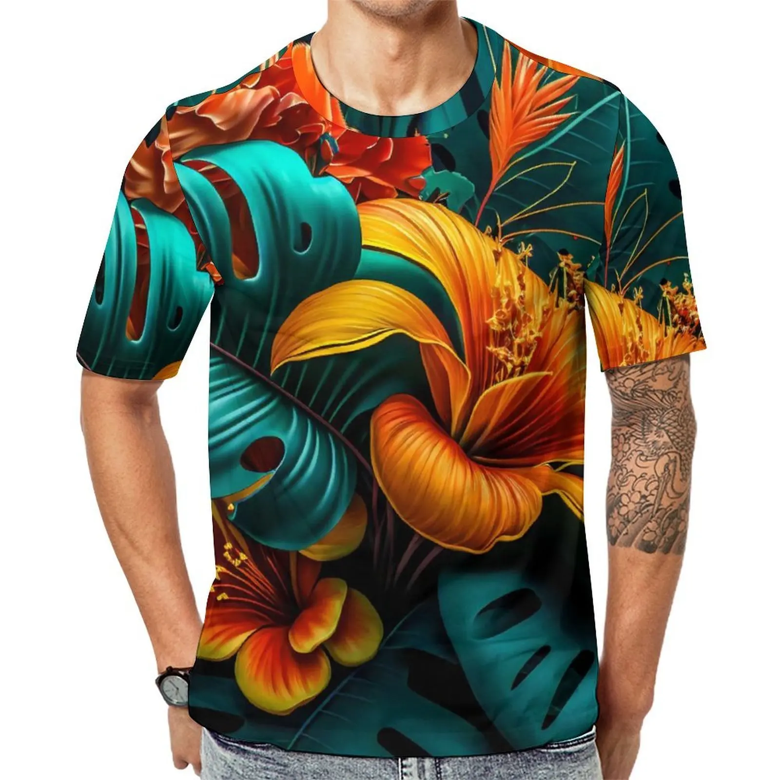 Summer T-Shirt Elegant Tropical T-Shirts Leaves and Flowers Aesthetic Vintage Tee Shirt Men Short-Sleeve Design Plus Size Tops