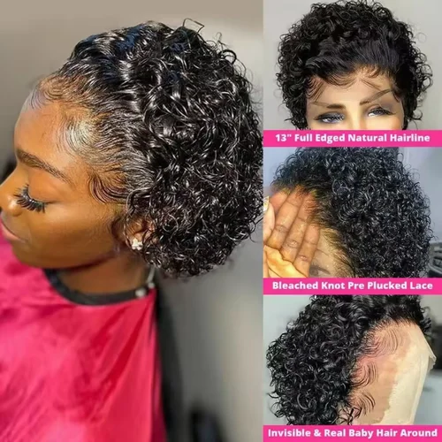Imagen 2 del producto Pelucas de corte Pixie, cabello humano corto y rizado con encaje frontal, pelucas de cabello humano brasileño 13x1, pelucas de encaje transparente, peluca Bob con ondas de agua