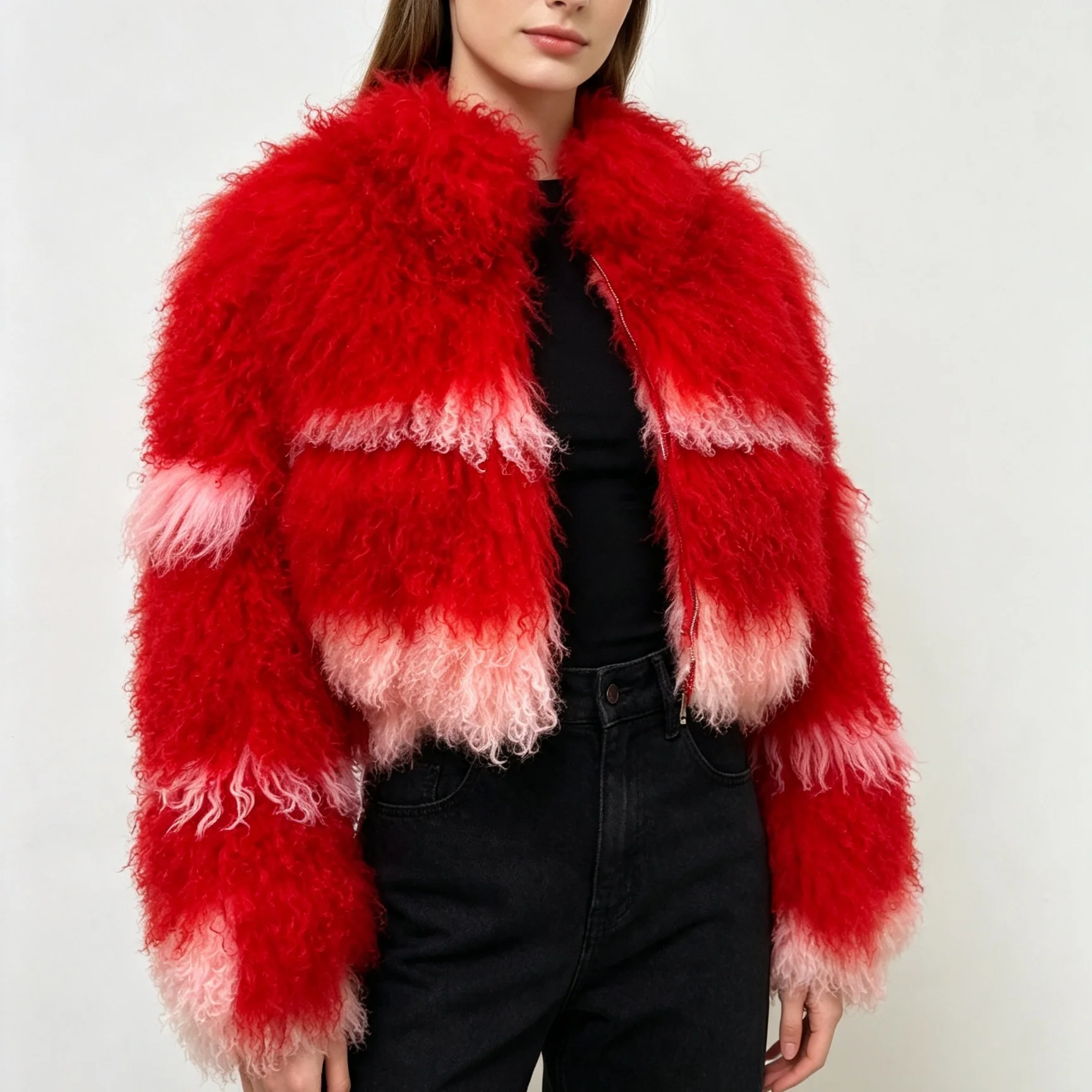 Aulande New Women Winter 100% Real Fur Mongolian Sheepskin Coats Short  40 CM Standing Coller Fashion High Quality Sheep Jacket