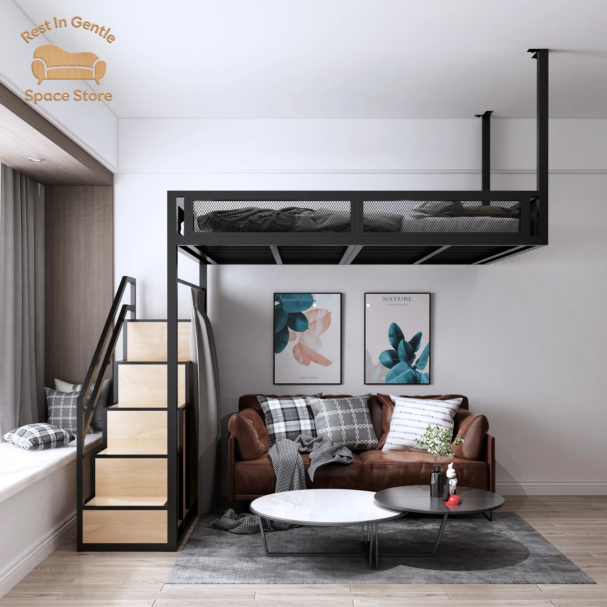 Modern small apartment, loft bed, hanging wall bed, wrought iron loft bed,  dormitory apartment, creative hammock