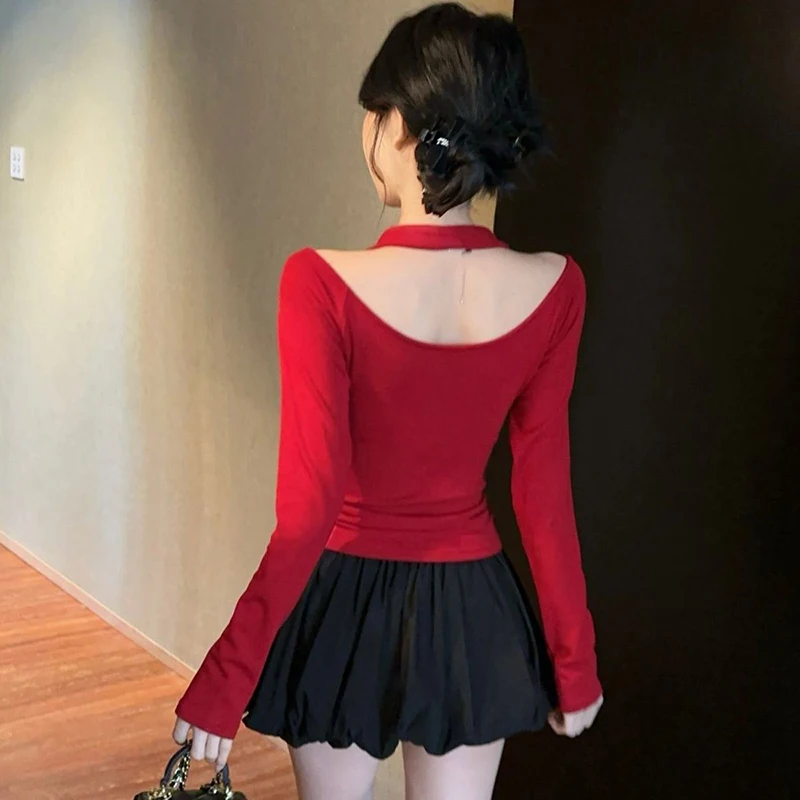 T-shirt sexy alla moda con scollo all'americana da donna manica lunga con spalle scoperte T-shirt patchwork con fiocco autunno inverno Hottie Slim Fit Chic Slash Neck Top