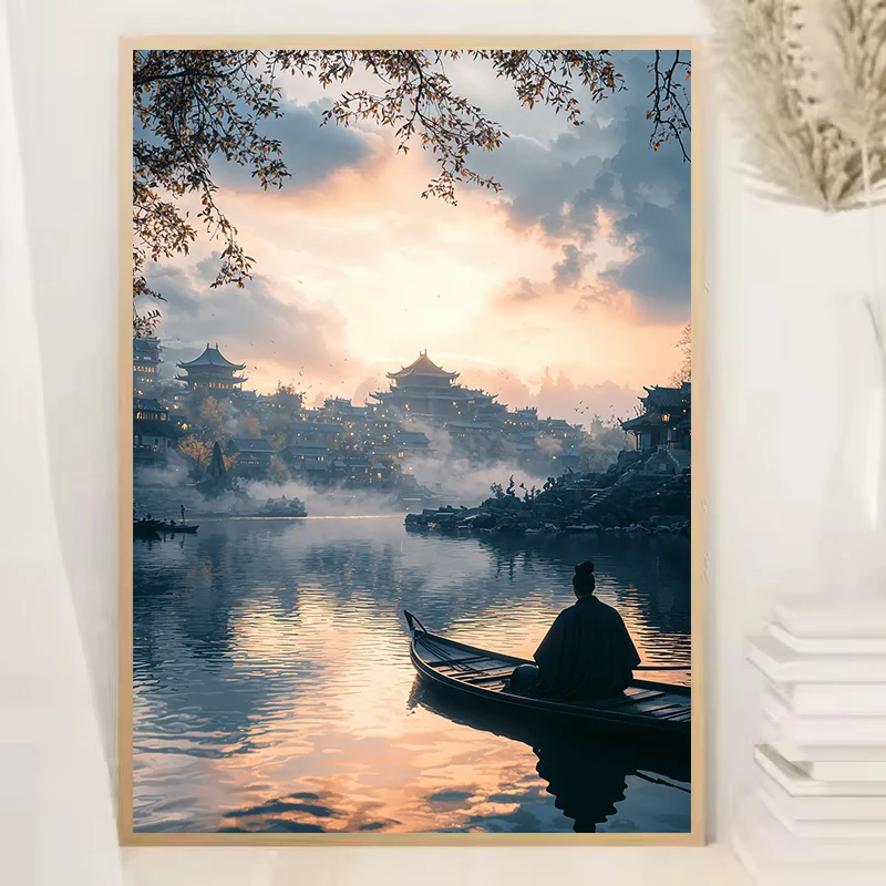 Tranquil Asian Landscape Zen Meditation By The River Japanese Temple Poster Canvas Painting Wall Art Pictures Home Decor