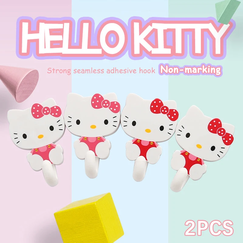 2Pcs/Set Cartoon Cute Hello Kitty Punch-free Strong Self Adhesive Hook Hanger KT Cat Home Decoration Door Back Wall Hanger Gifts