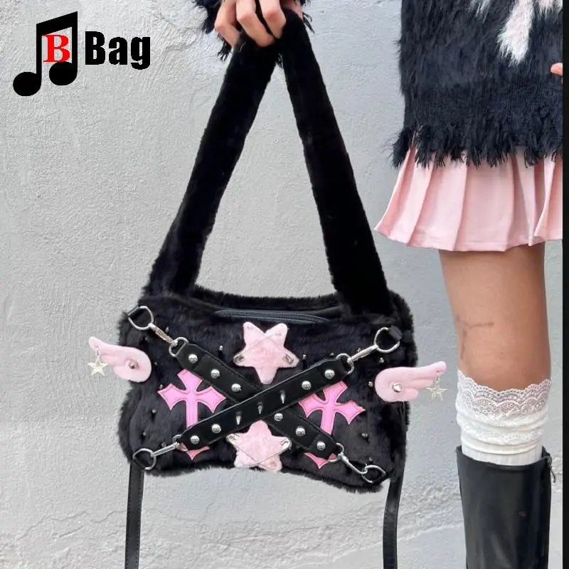 

Gothic Lolita JK Harajuku Women’s Girls Punk One Shoulder Underarm Bags Handbag Y2K Furry Star Versatile Crossbody Bags Tote