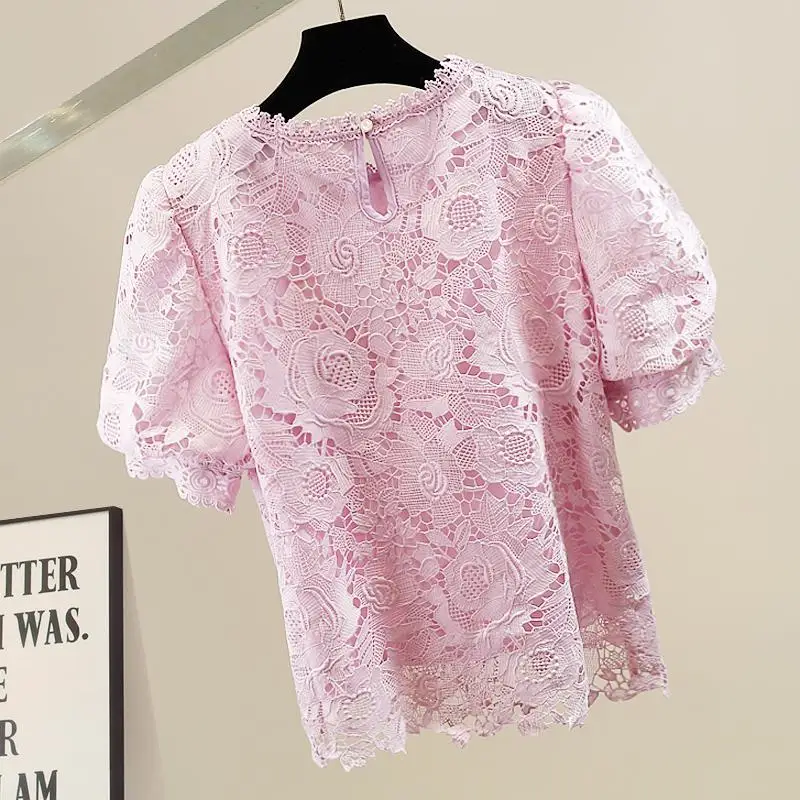 

Sexy Heavy Embroidery Lace Trim Hollow out Bubble Sleeve Short Sleeve Shirt Women's Fashion Trendy Top Cotton Blend Loose Fit