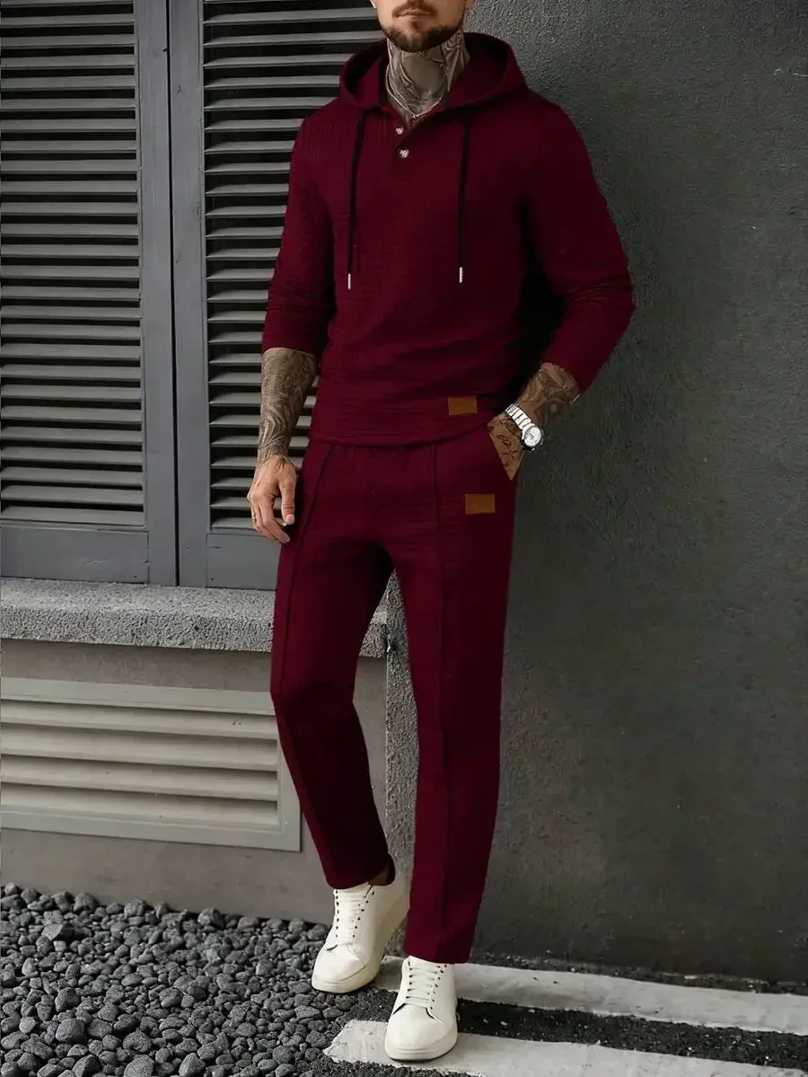 

Mens Burgundy Hoodie And Sweatpants Two Piece Casual Tracksuit Set