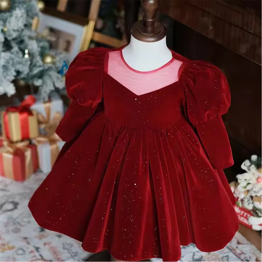 Customized Baby Flower Girl Wedding Dress Velvet Long Sleeve with Bow Pearl Infant Toddler Princess Birthday Vestido Party Dress